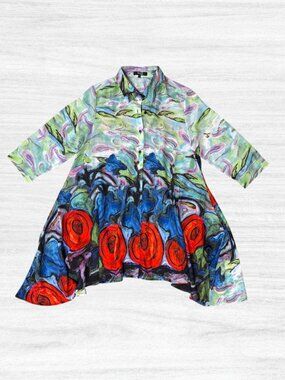 Lior Paris Wearable Art Floral Button Front Sharkbite Tunic Top Dress Size S